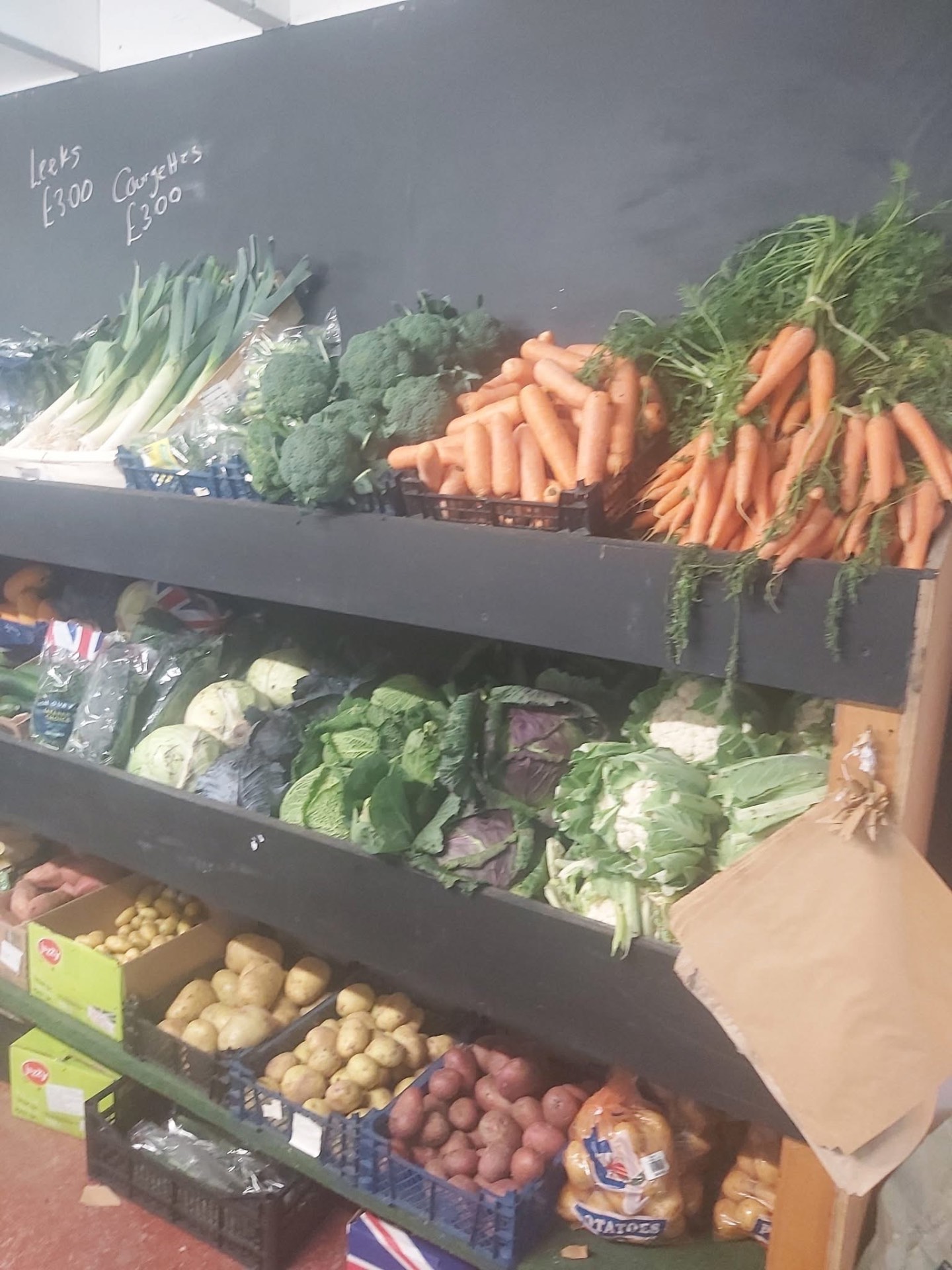 Shelves of fresh vegetables — leeks, broccoli, carrots and cabbages